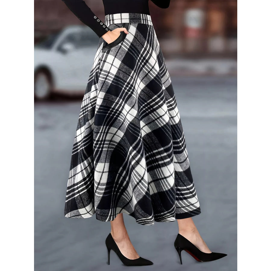 Plaid A-Line Midi Skirt with Pockets Black / S Apparel and Accessories