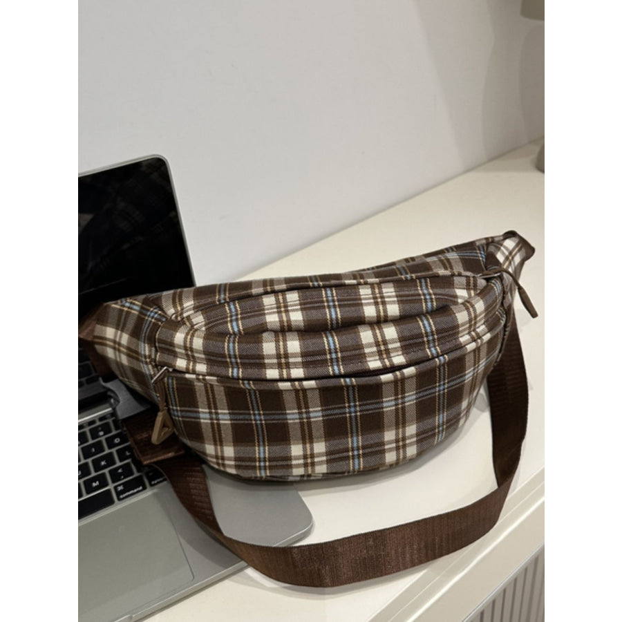 Plaid Adjustable Strap Crossbody Bag Brown / One Size Apparel and Accessories