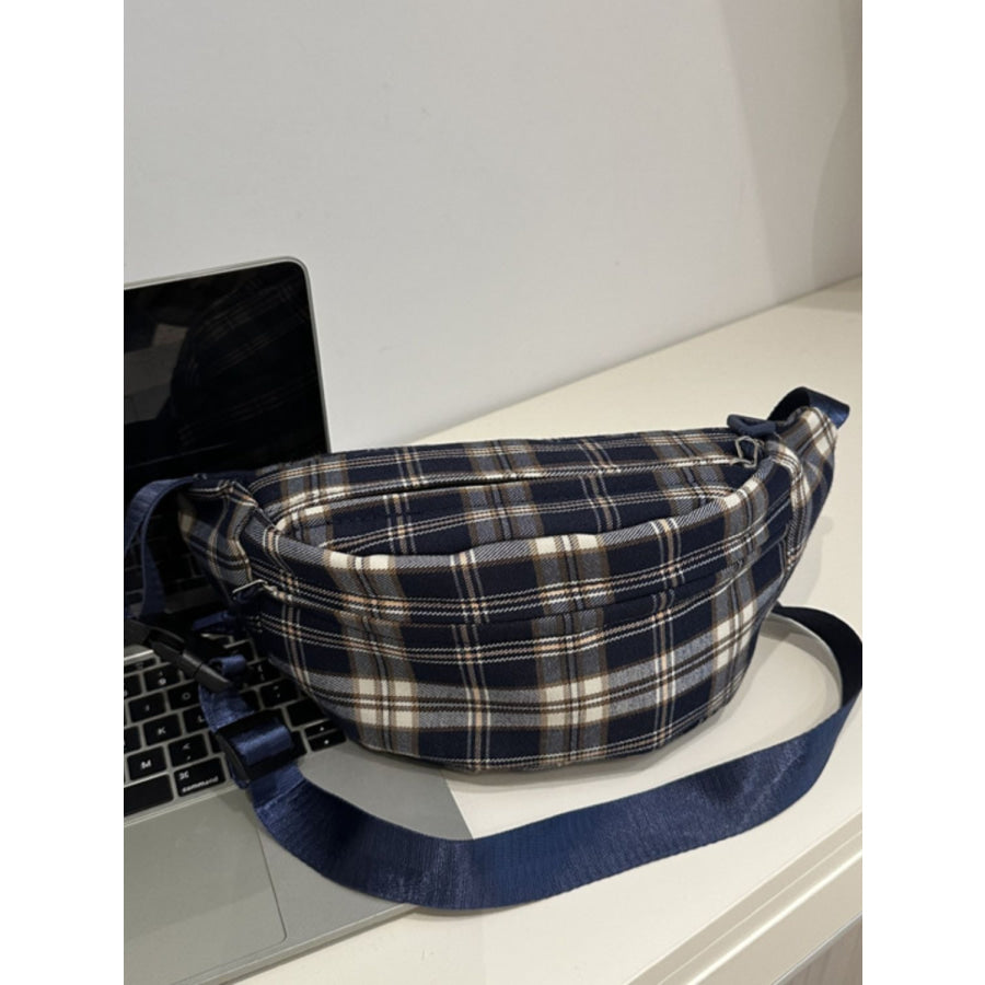 Plaid Adjustable Strap Crossbody Bag Dark Navy / One Size Apparel and Accessories