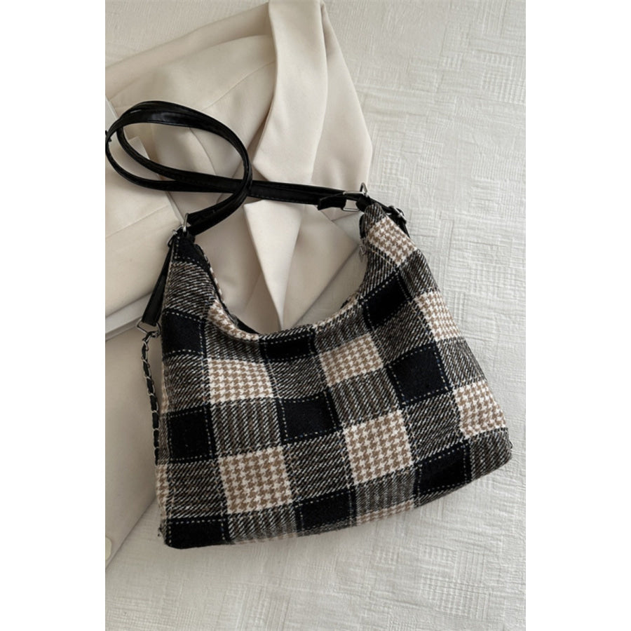 Plaid Adjustable Strap Handbag Black / One Size Apparel and Accessories