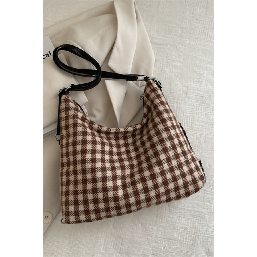 Plaid Adjustable Strap Handbag Camel / One Size Apparel and Accessories