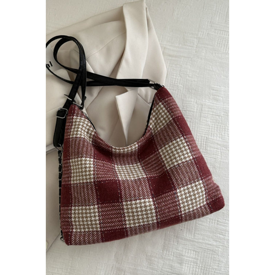 Plaid Adjustable Strap Handbag Deep Red / One Size Apparel and Accessories