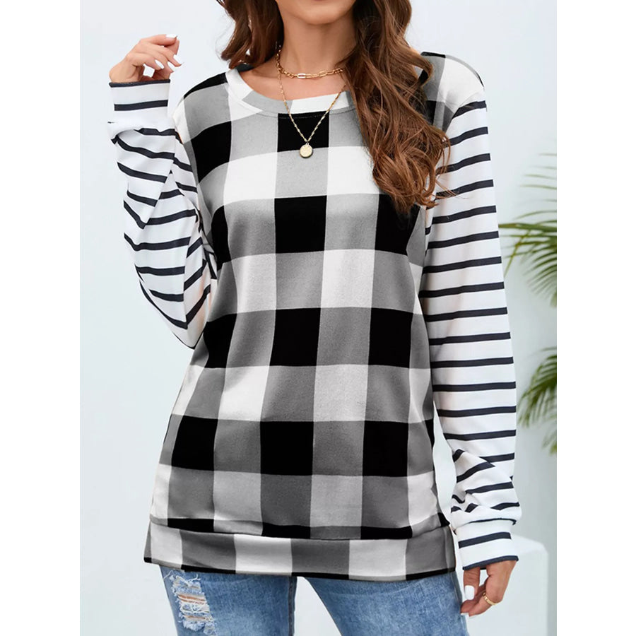 Plaid and Stripe Contrast Long Sleeve T-Shirt Apparel and Accessories