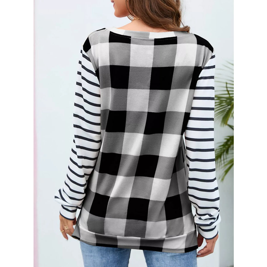 Plaid and Stripe Contrast Long Sleeve T-Shirt Apparel and Accessories