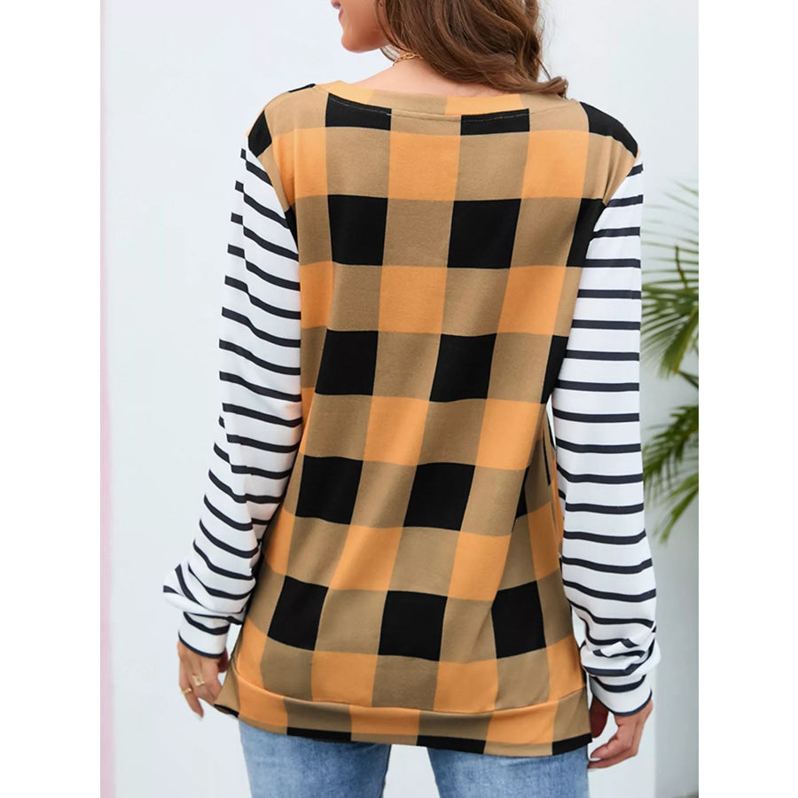 Plaid and Stripe Contrast Long Sleeve T-Shirt Apparel and Accessories