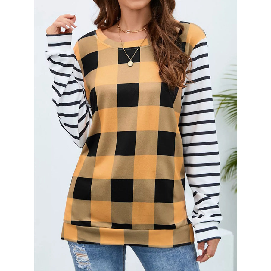 Plaid and Stripe Contrast Long Sleeve T-Shirt Apparel and Accessories