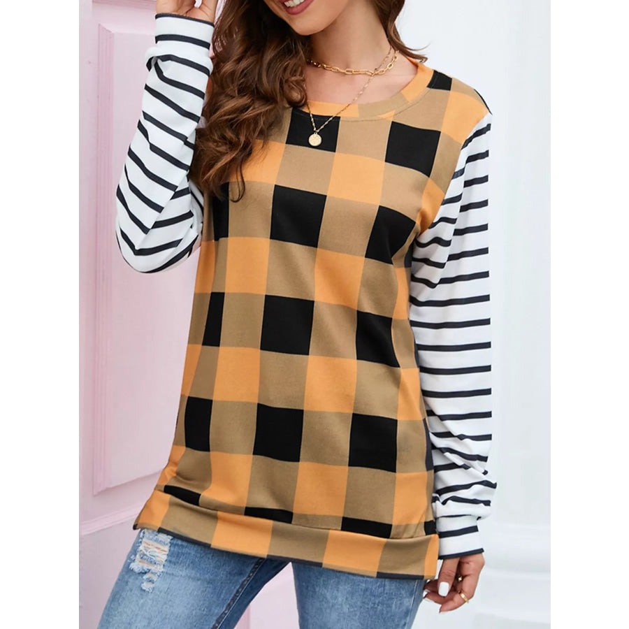 Plaid and Stripe Contrast Long Sleeve T-Shirt Apparel and Accessories