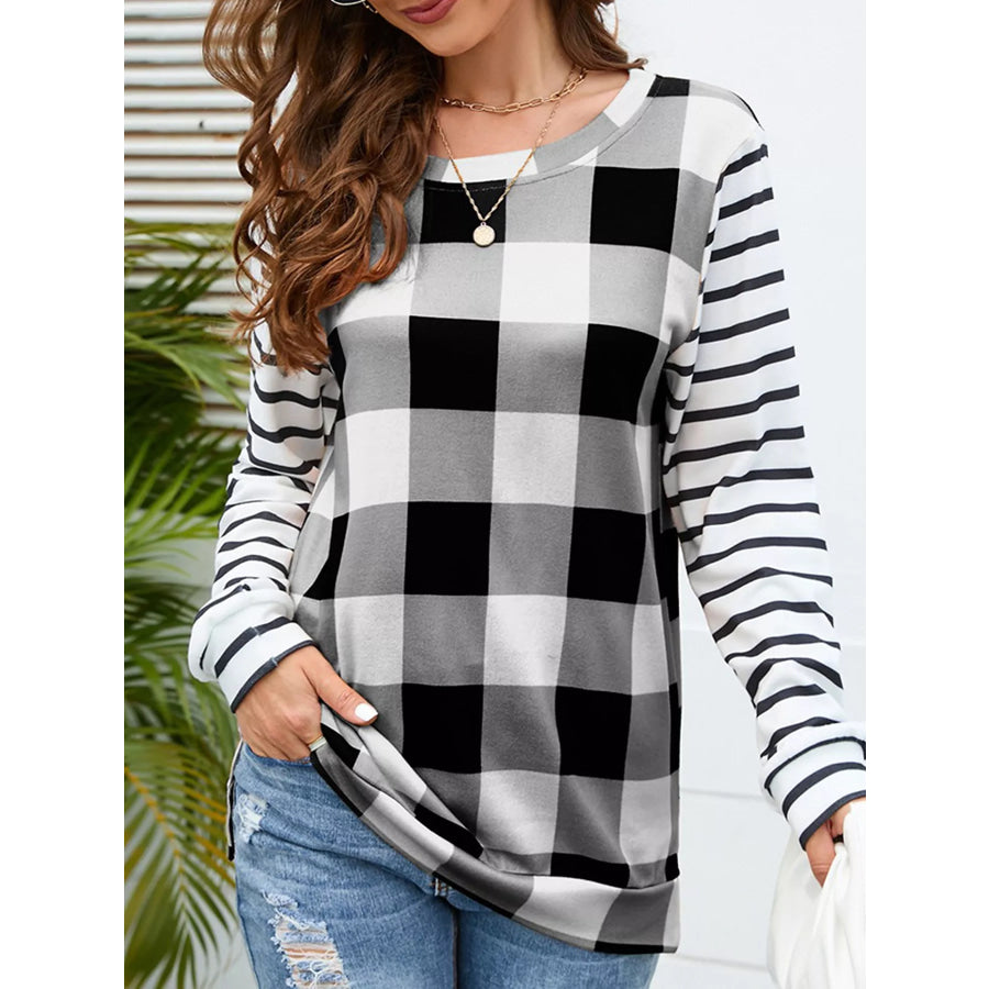 Plaid and Stripe Contrast Long Sleeve T-Shirt Black / S Apparel and Accessories