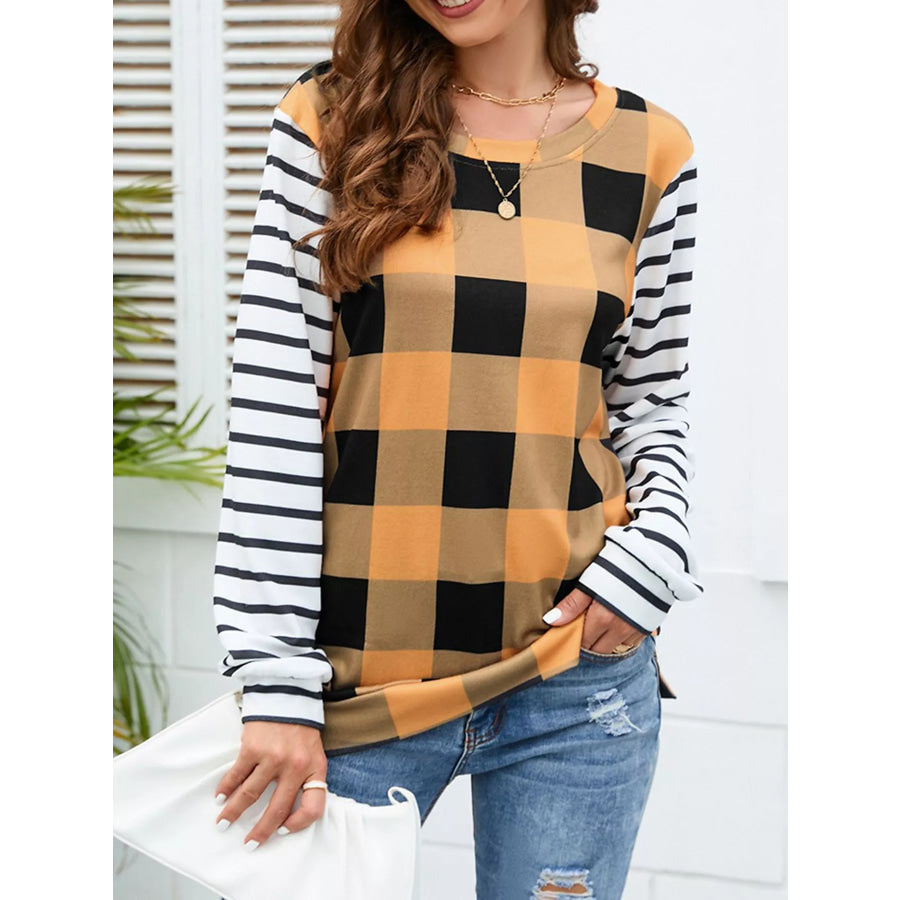 Plaid and Stripe Contrast Long Sleeve T-Shirt Sherbet / S Apparel and Accessories