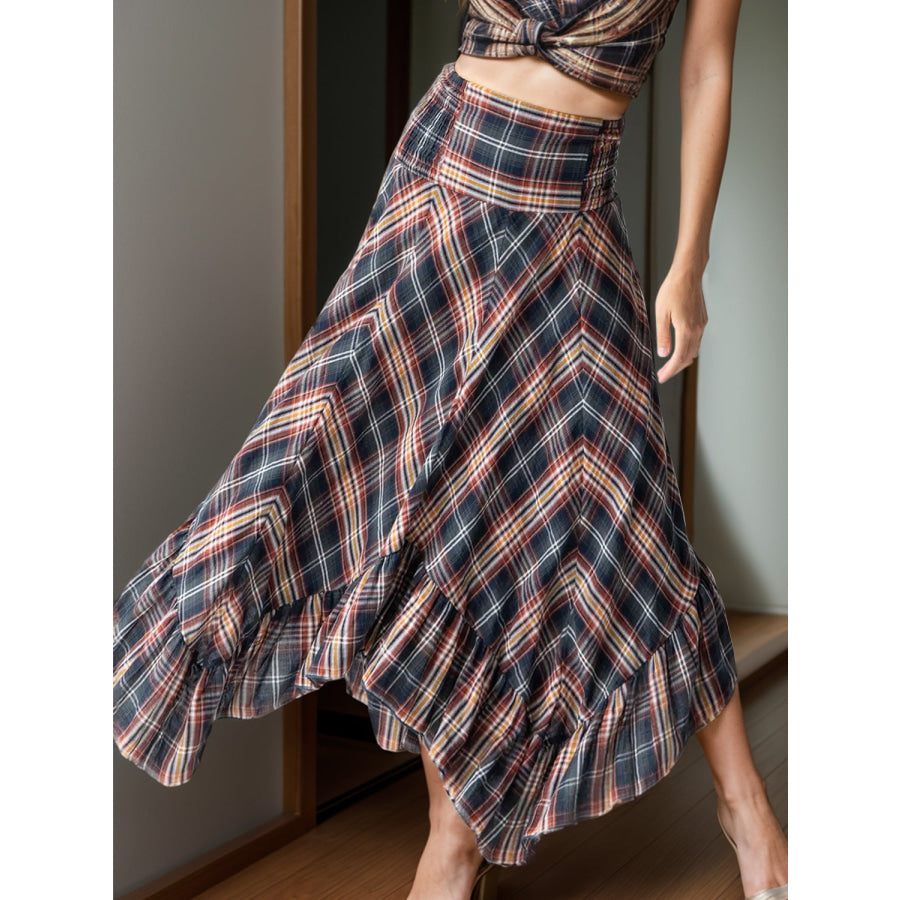 Plaid Asymmetrical Ruffle Hem Skirt Plaid / S Apparel and Accessories