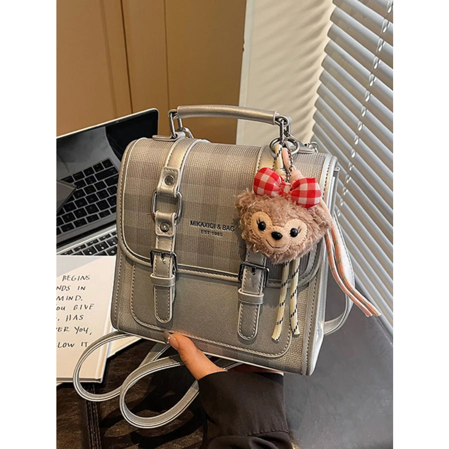 Plaid Backpack Bag with Charm Silver / One Size Apparel and Accessories