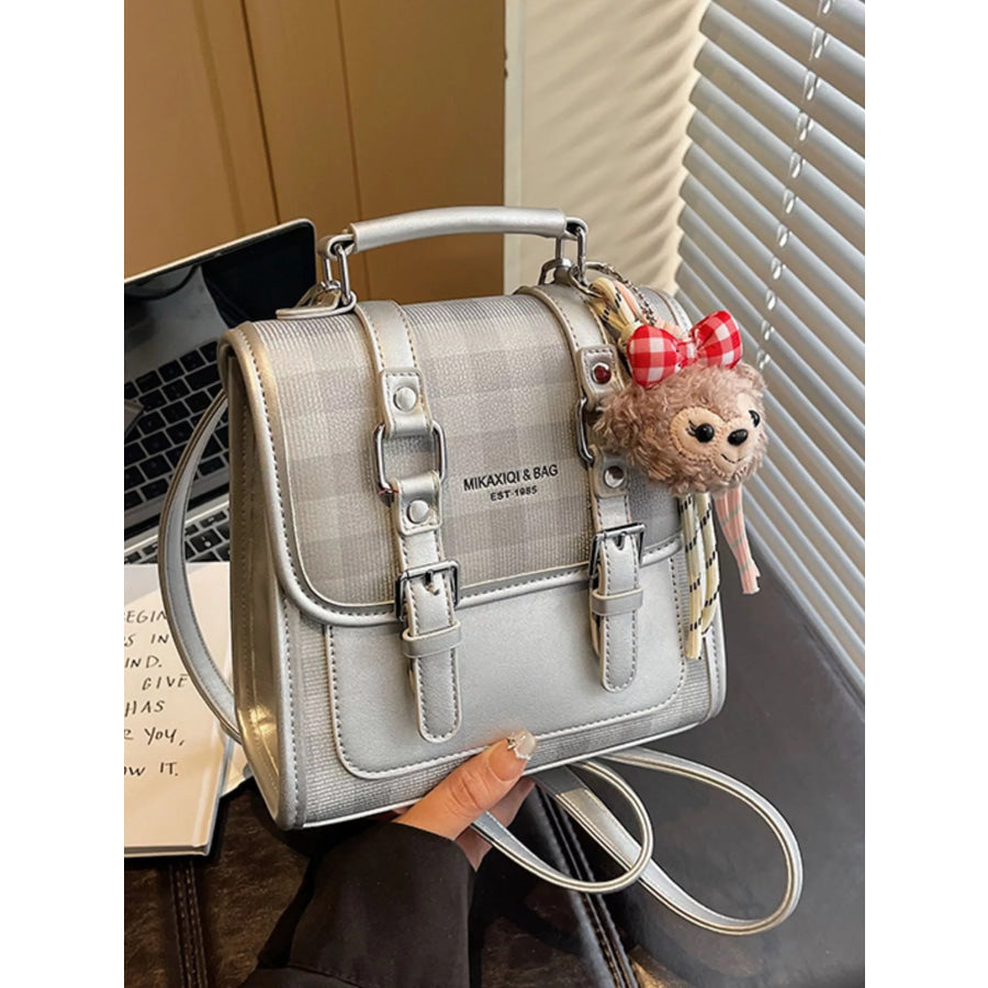 Plaid Backpack Bag with Charm Silver / One Size Apparel and Accessories