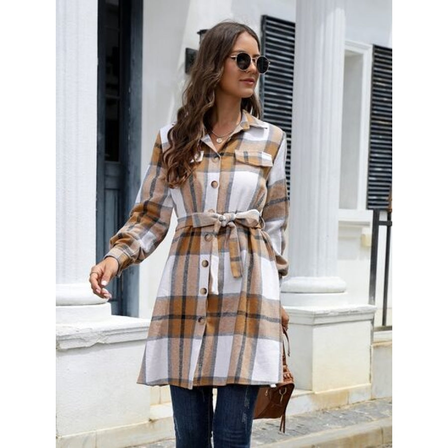 Plaid Belted Collared Neck Button Up Jacket Camel / S Clothing