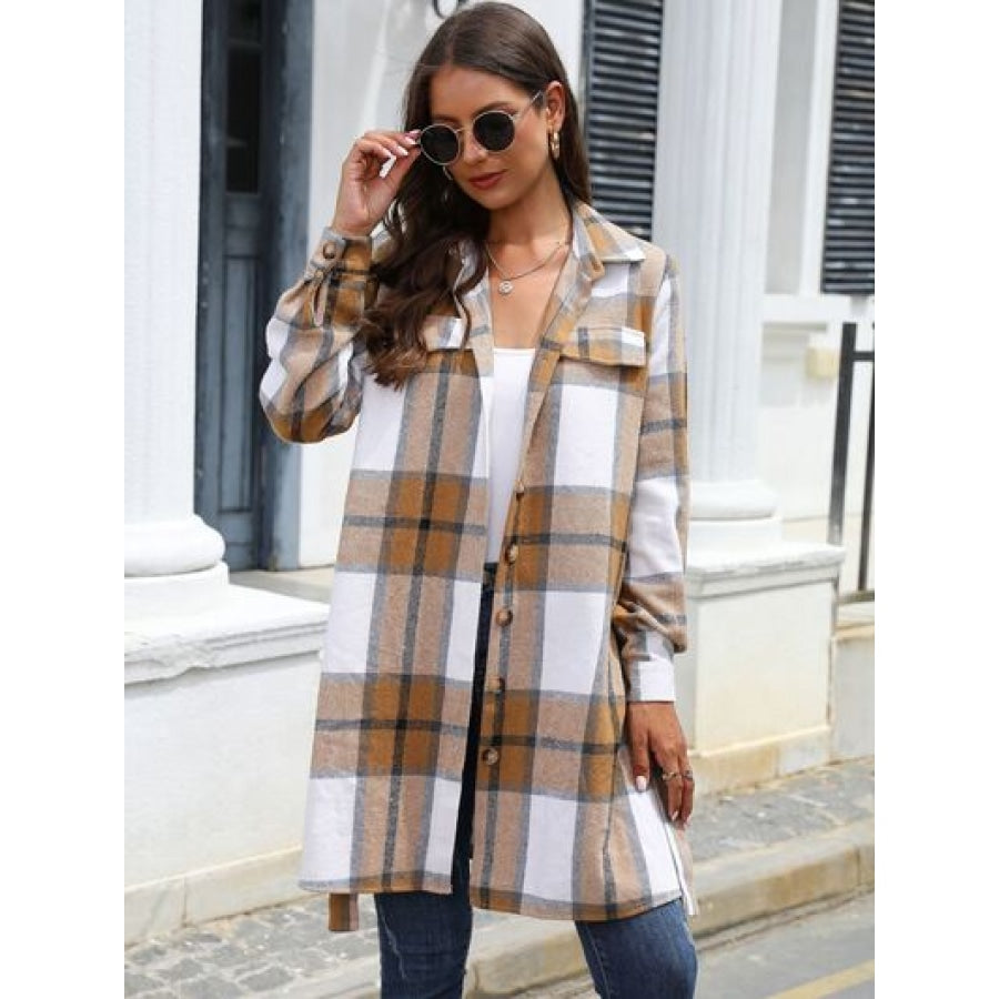 Plaid Belted Collared Neck Button Up Jacket Clothing