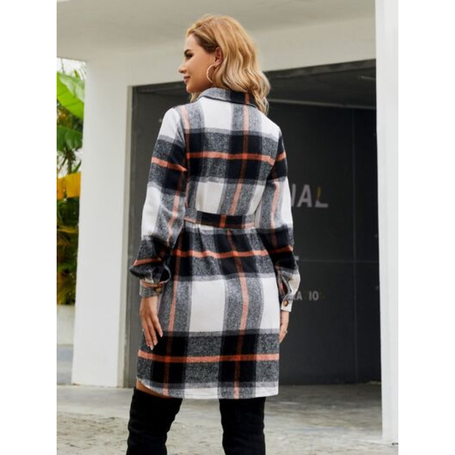 Plaid Belted Collared Neck Button Up Jacket Clothing