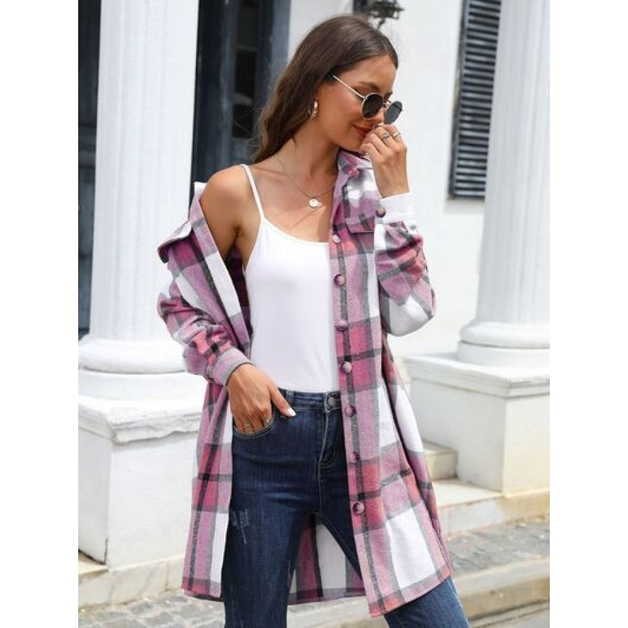 Plaid Belted Collared Neck Button Up Jacket Clothing