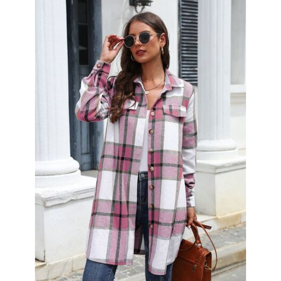 Plaid Belted Collared Neck Button Up Jacket Clothing