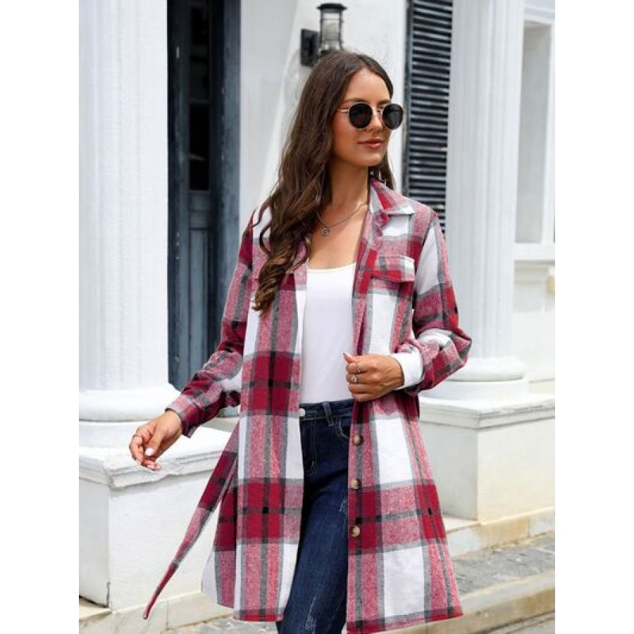 Plaid Belted Collared Neck Button Up Jacket Clothing