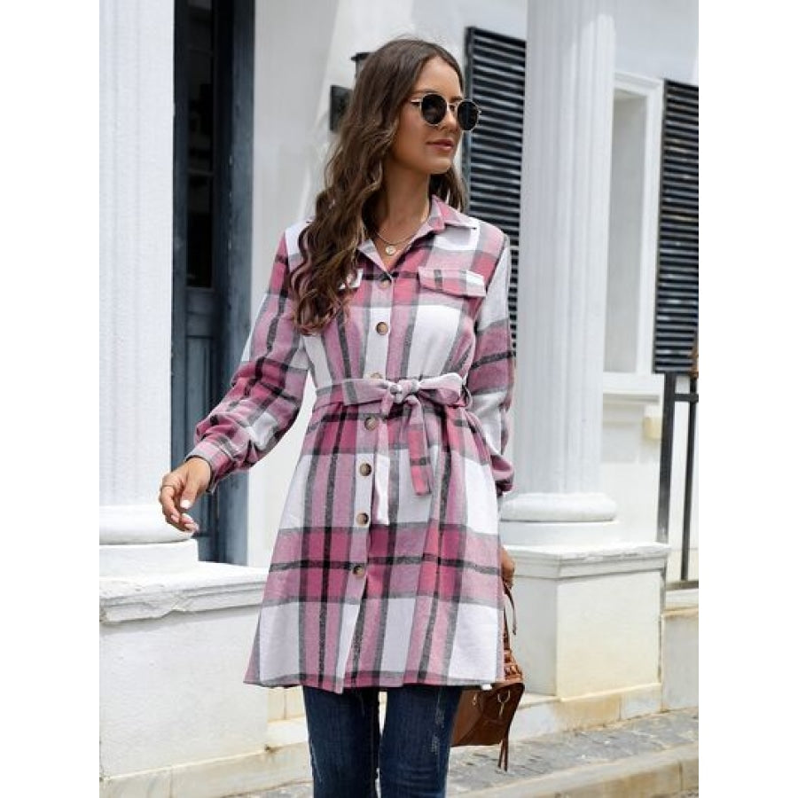 Plaid Belted Collared Neck Button Up Jacket Dusty Pink / S Clothing