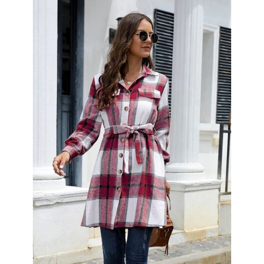 Plaid Belted Collared Neck Button Up Jacket Wine / S Clothing