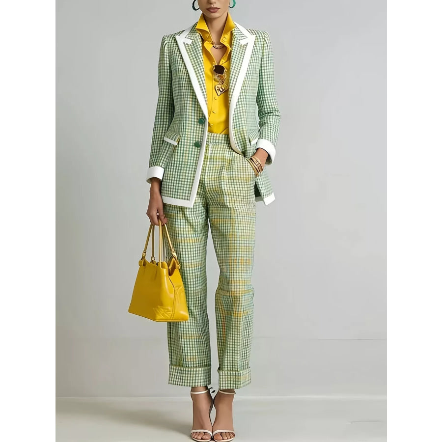 Plaid Blazer and Pants Suit Set Green / S Apparel and Accessories