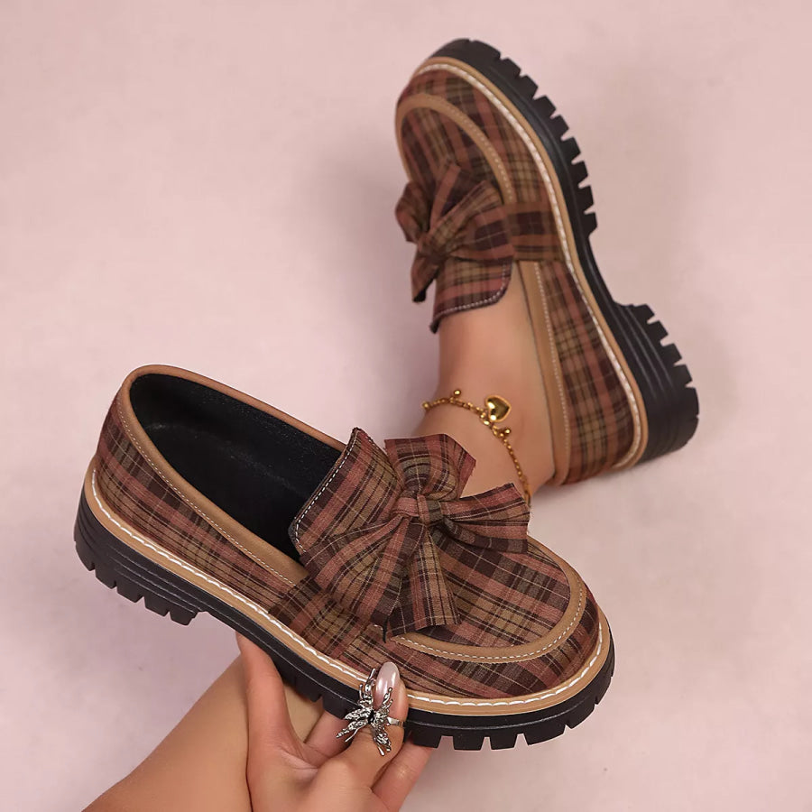 Plaid Bow Decor Chunky Loafers Apparel and Accessories