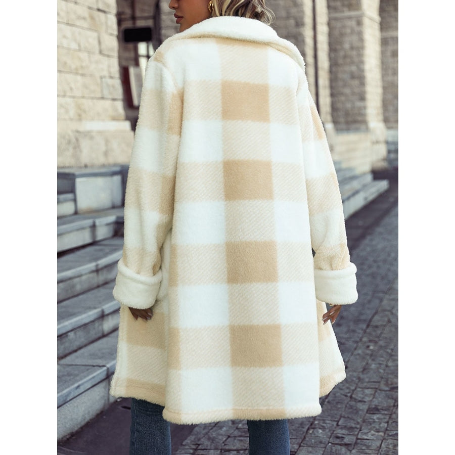 Plaid Button Down Coat with Pockets Beige / S