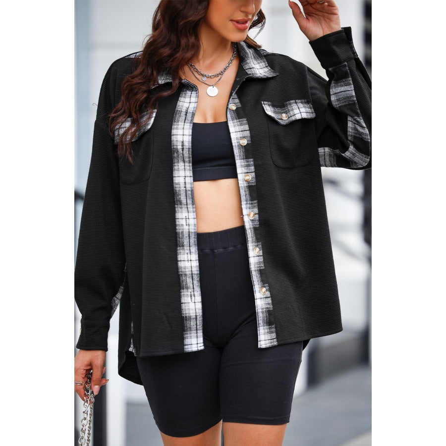 Plaid Button Down Collared Jacket Black / 2XL