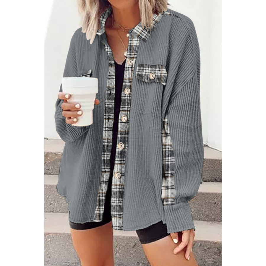 Plaid Button Down Collared Jacket Cloudy Blue / L