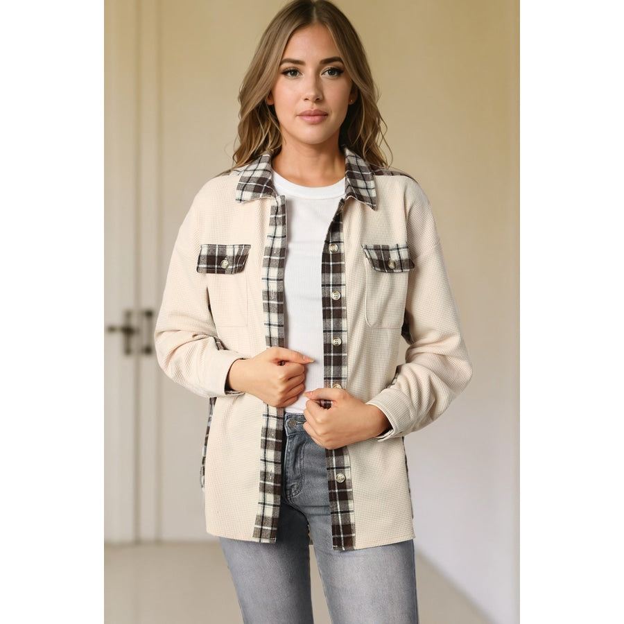 Plaid Button Down Collared Jacket Cream / L