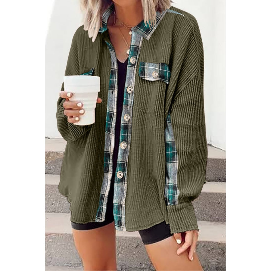 Plaid Button Down Collared Jacket Green / L