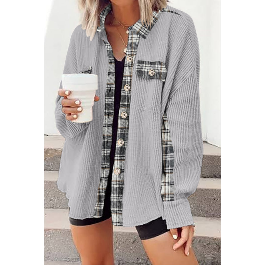 Plaid Button Down Collared Jacket Light Gray / 2XL