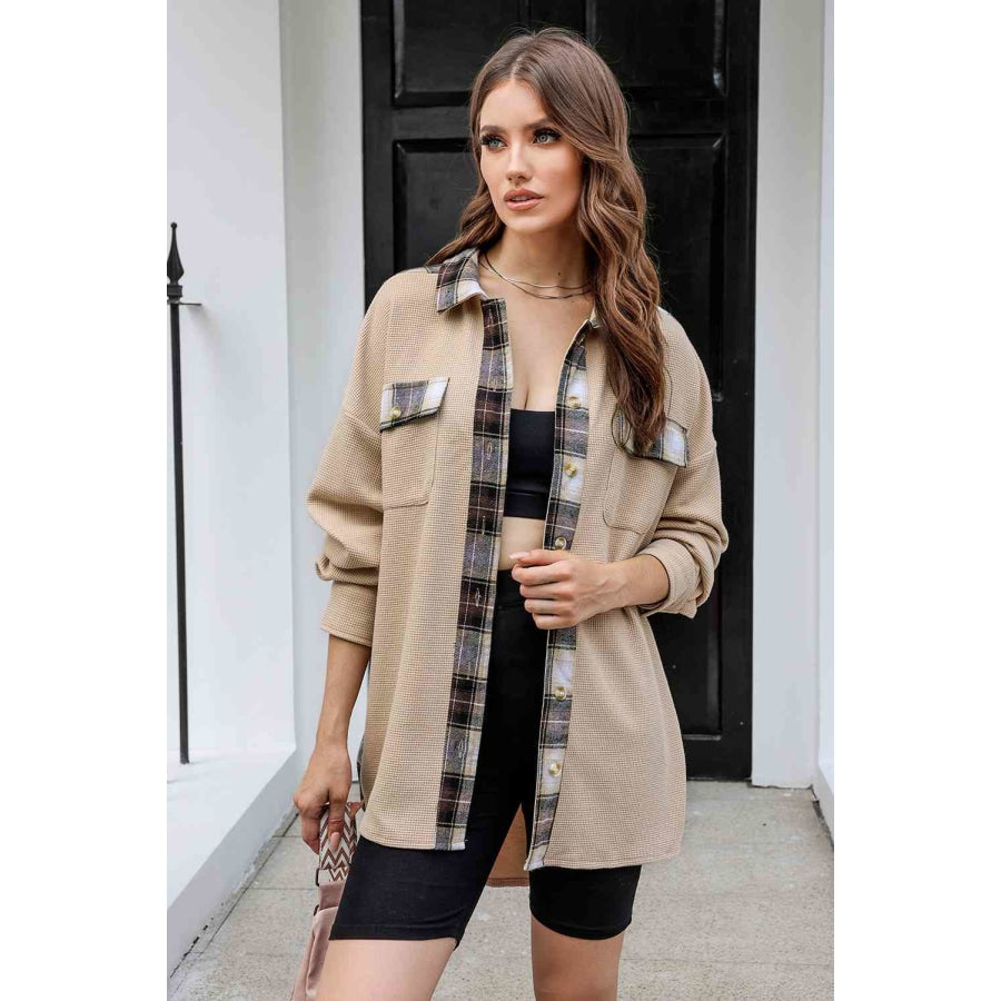 Plaid Button Down Collared Jacket Sand / S