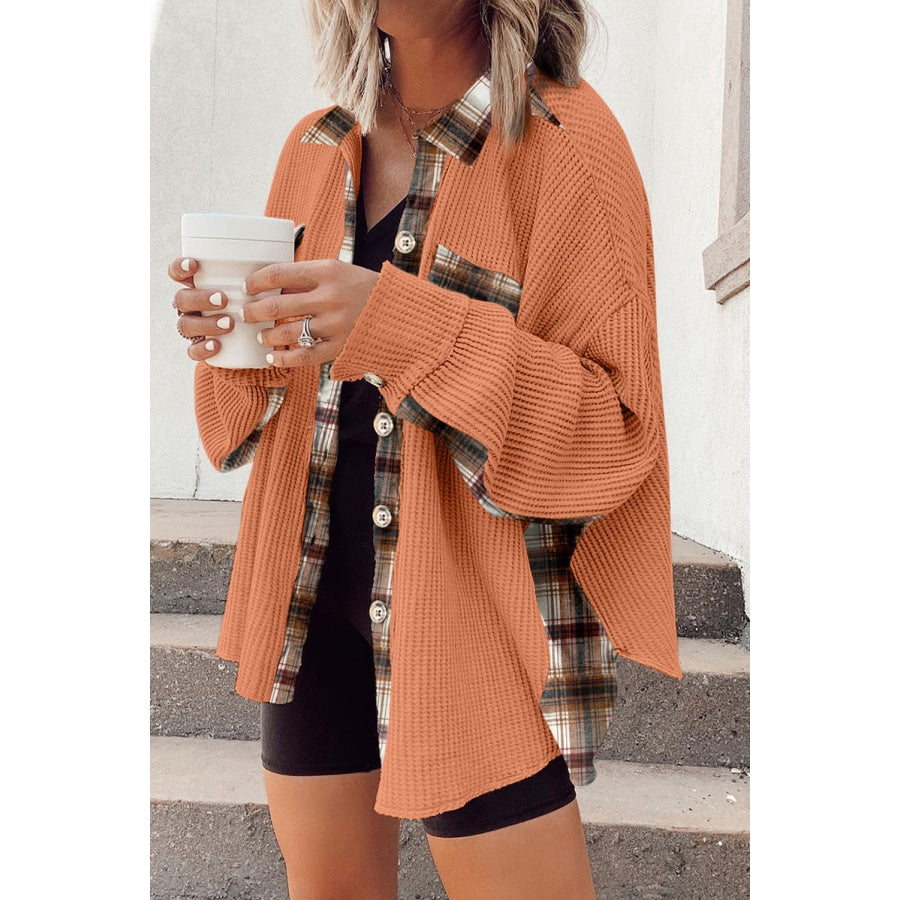 Plaid Button Down Collared Jacket Tangerine / M