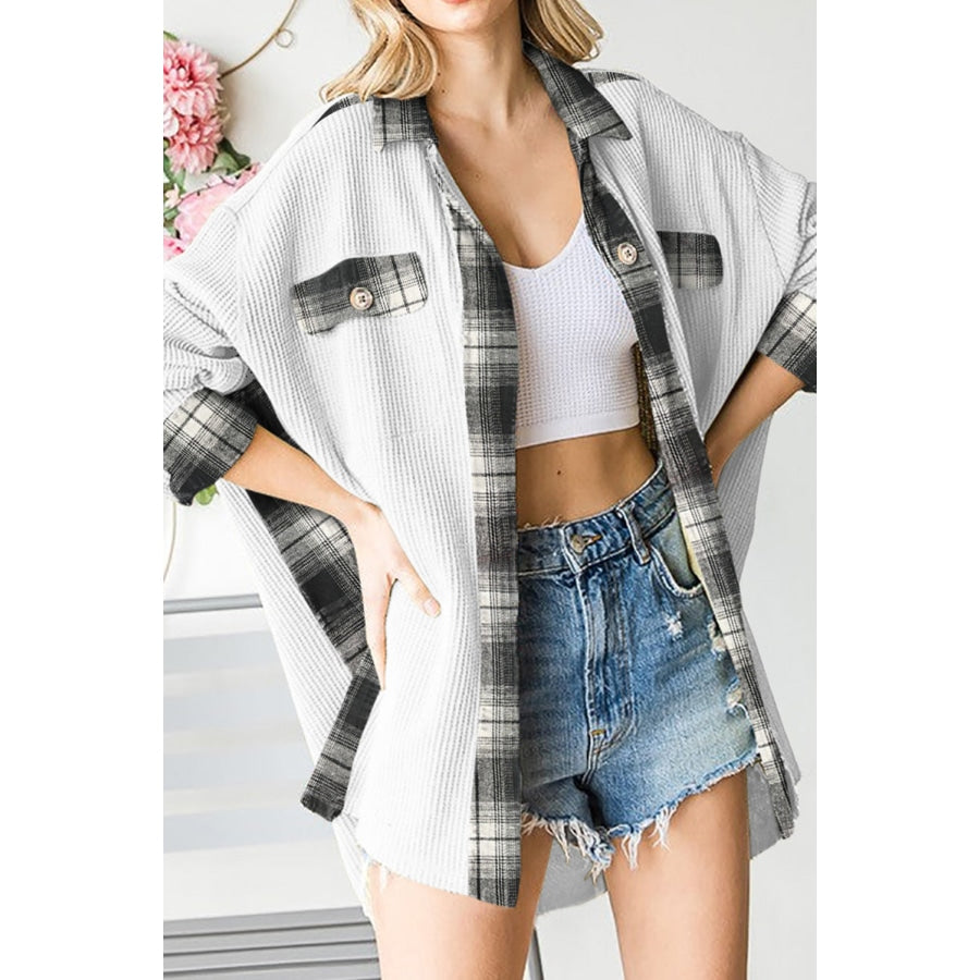 Plaid Button Down Collared Jacket White / L