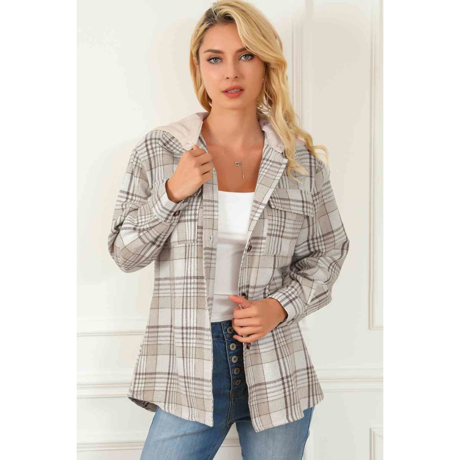 Plaid Button Down Hooded Jacket Sand / S