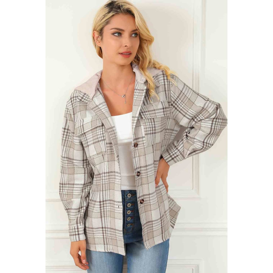 Plaid Button Down Hooded Jacket