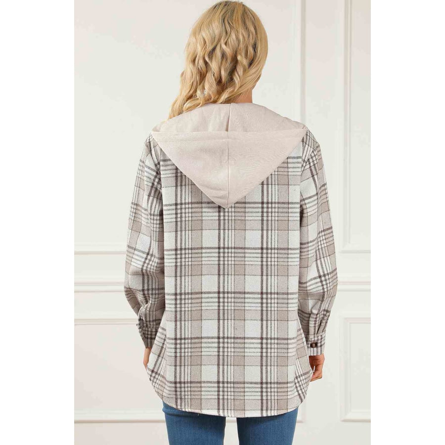 Plaid Button Down Hooded Jacket Sand / S