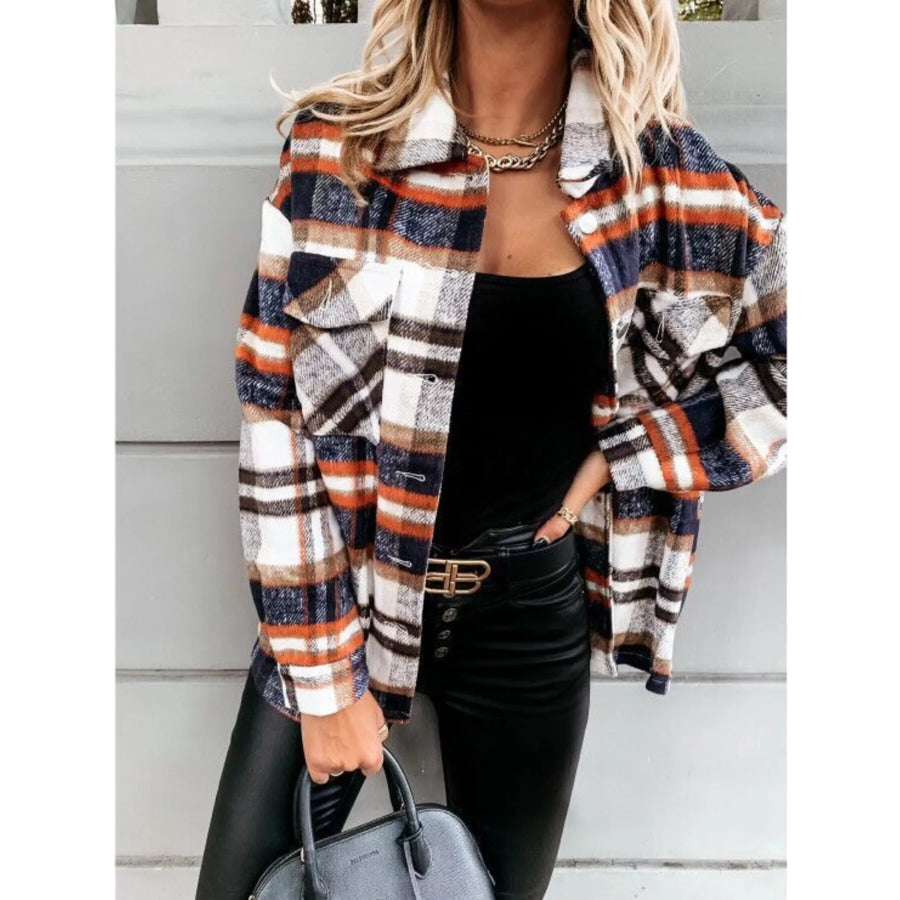 Plaid Button-Down Long Sleeve Shacket Orange / S Apparel and Accessories