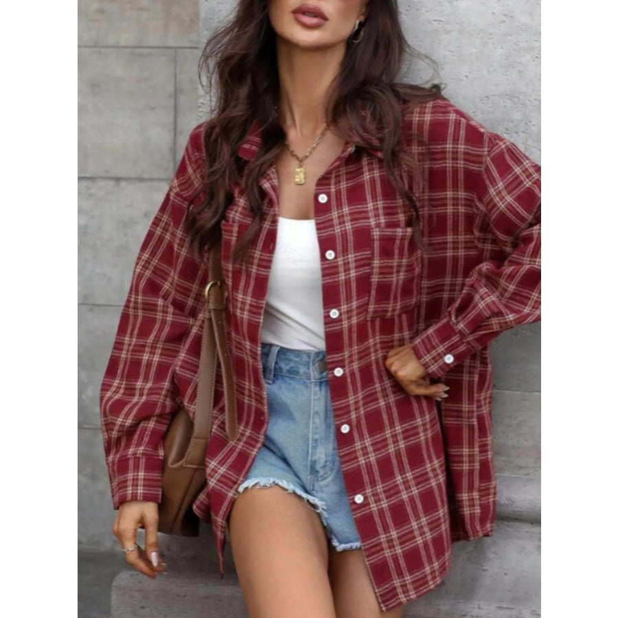 Plaid Button-Down Long Sleeve Shirt Burgundy / S Apparel and Accessories
