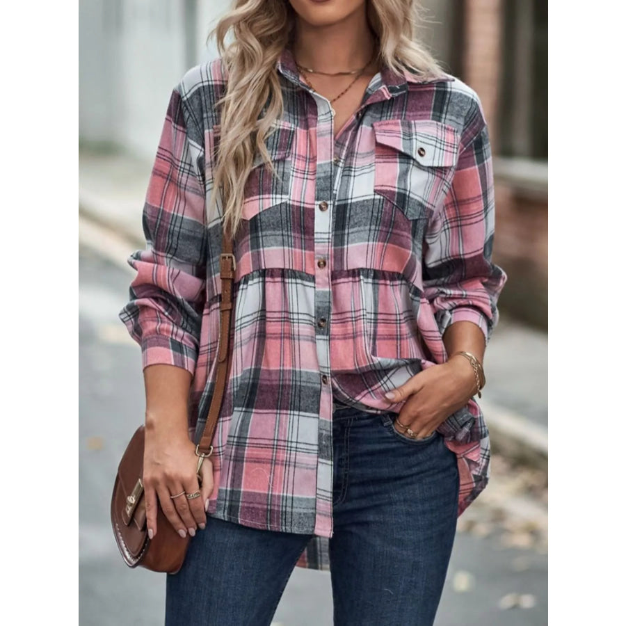 Plaid Button-Down Long Sleeve Shirt Dusty Pink / S Apparel and Accessories
