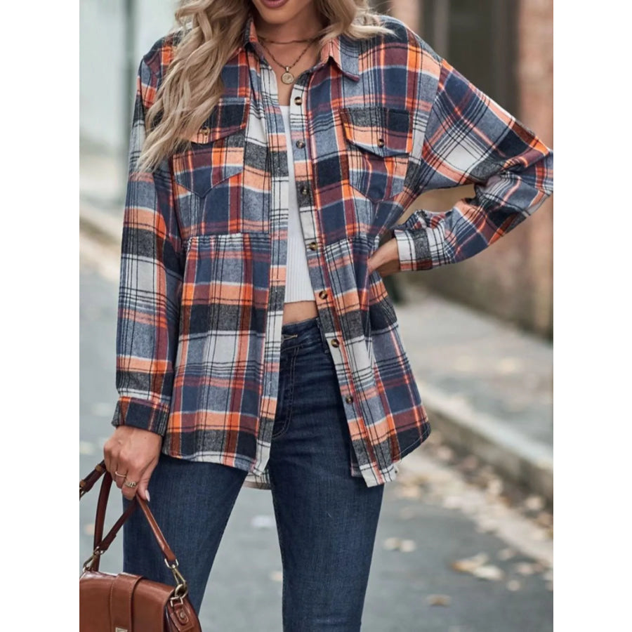 Plaid Button-Down Long Sleeve Shirt Pumpkin / S Apparel and Accessories