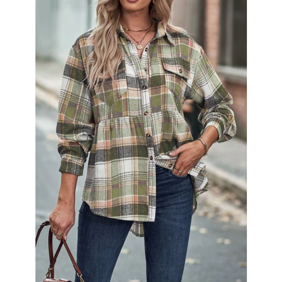 Plaid Button-Down Long Sleeve Shirt Sage / S Apparel and Accessories