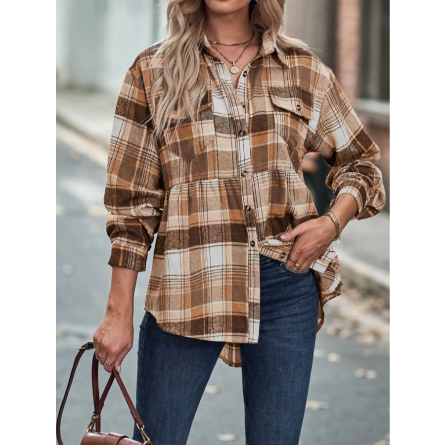 Plaid Button-Down Long Sleeve Shirt Tan / S Apparel and Accessories