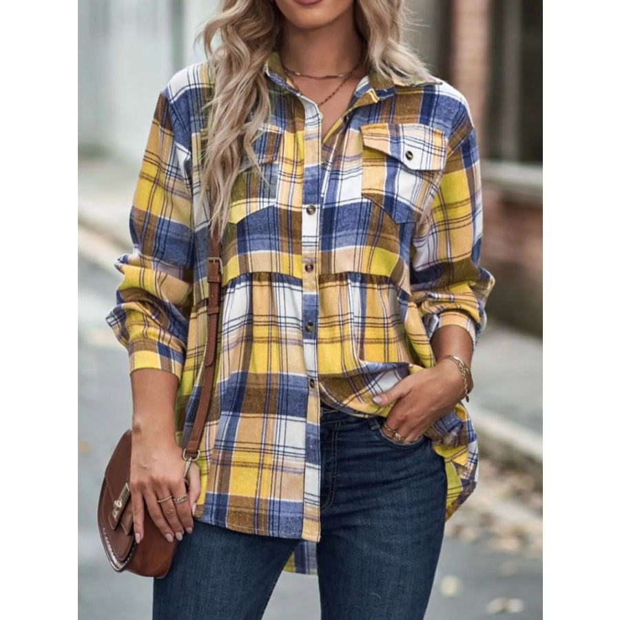 Plaid Button-Down Long Sleeve Shirt Yellow / S Apparel and Accessories