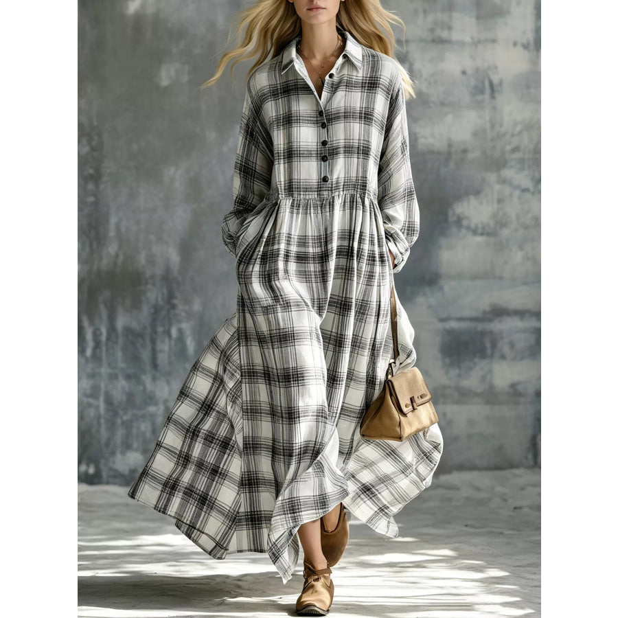 Plaid Button-Down Maxi Shirt Dress Black / S Apparel and Accessories