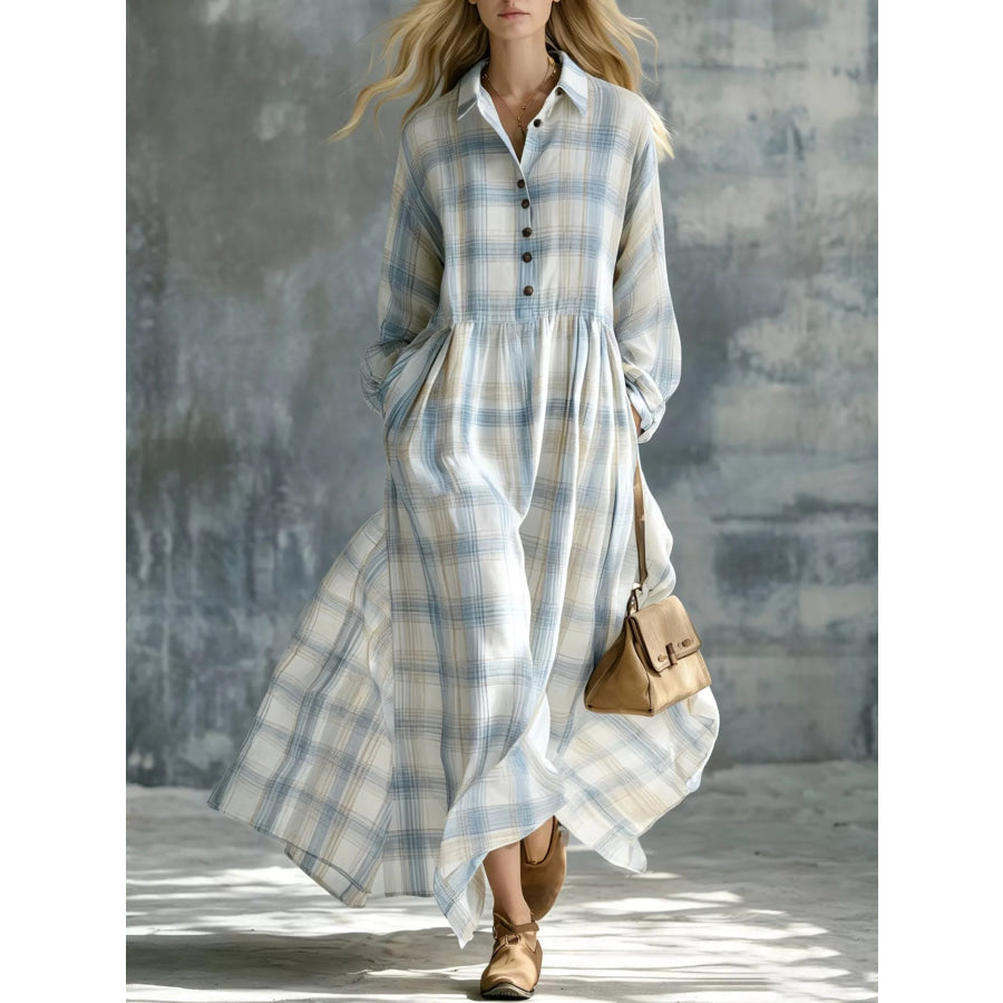 Plaid Button-Down Maxi Shirt Dress Blue / S Apparel and Accessories