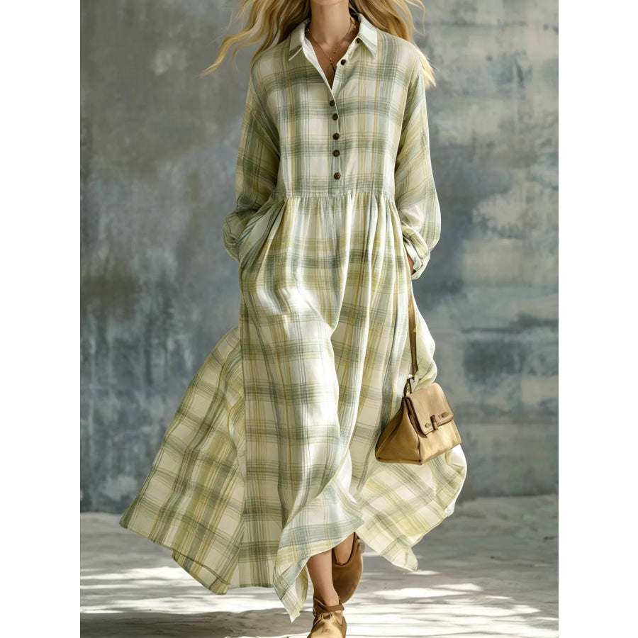 Plaid Button-Down Maxi Shirt Dress Green / S Apparel and Accessories