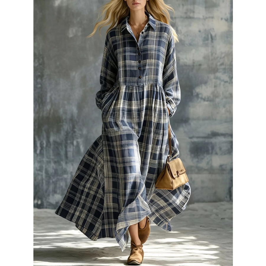 Plaid Button-Down Maxi Shirt Dress Navy Blue / S Apparel and Accessories