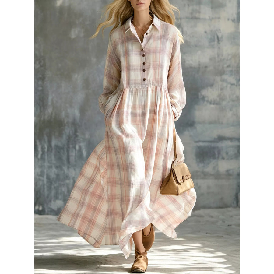Plaid Button-Down Maxi Shirt Dress Pink / S Apparel and Accessories